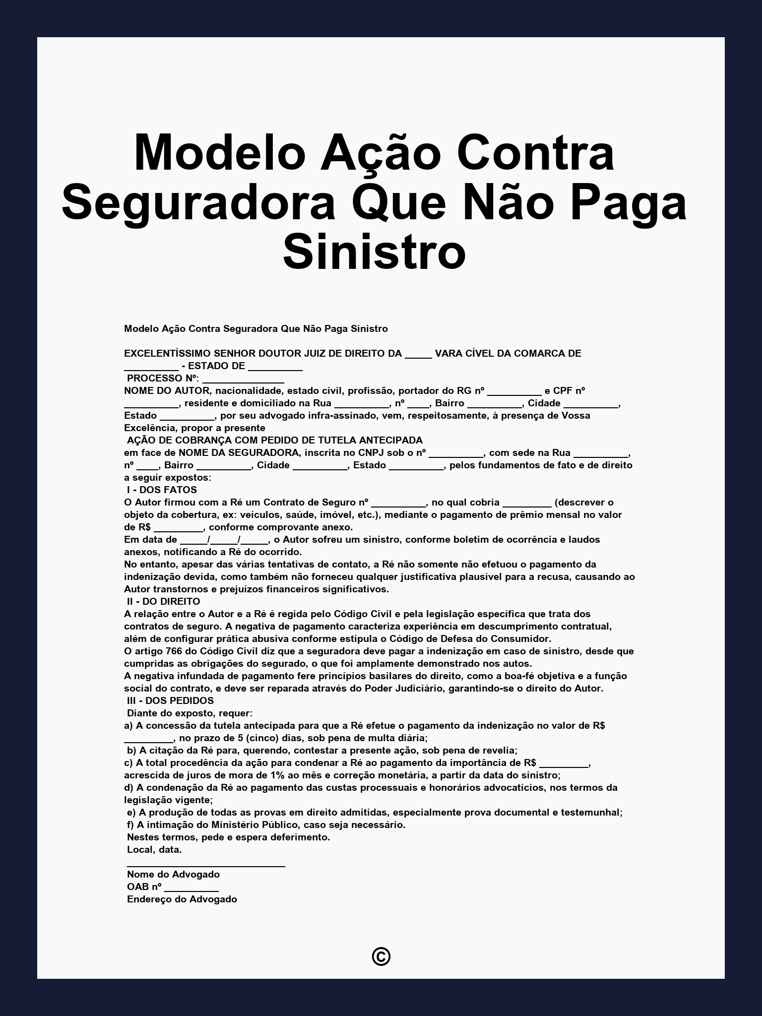 Modelo Ação Contra Seguradora Que Não Paga Sinistro