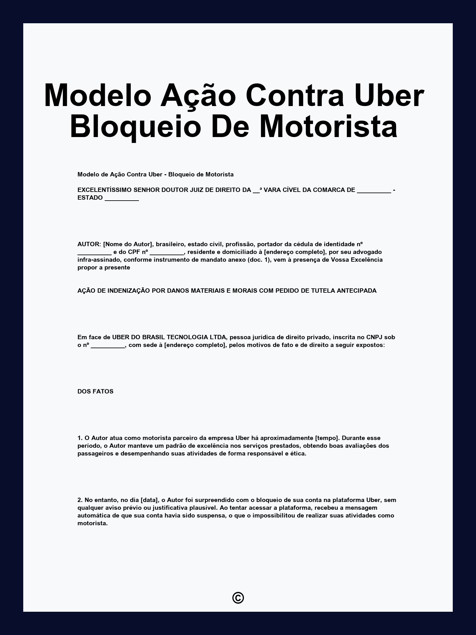 Modelo Ação Contra Uber Bloqueio De Motorista