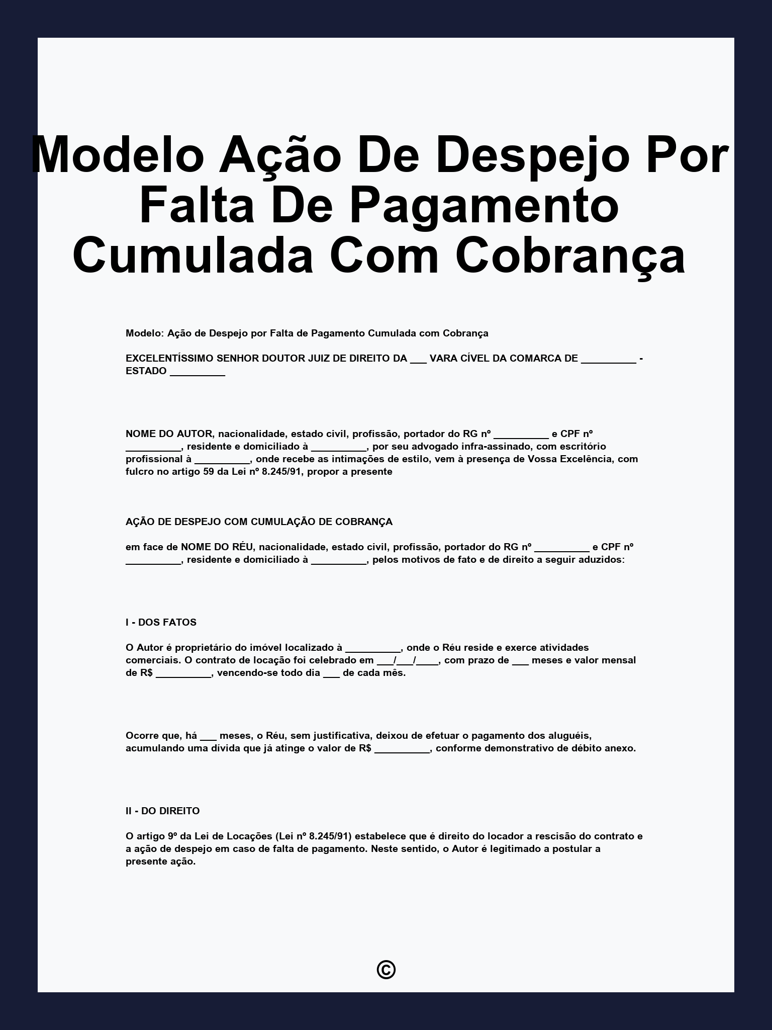 Modelo Ação De Despejo Por Falta De Pagamento Cumulada Com Cobrança