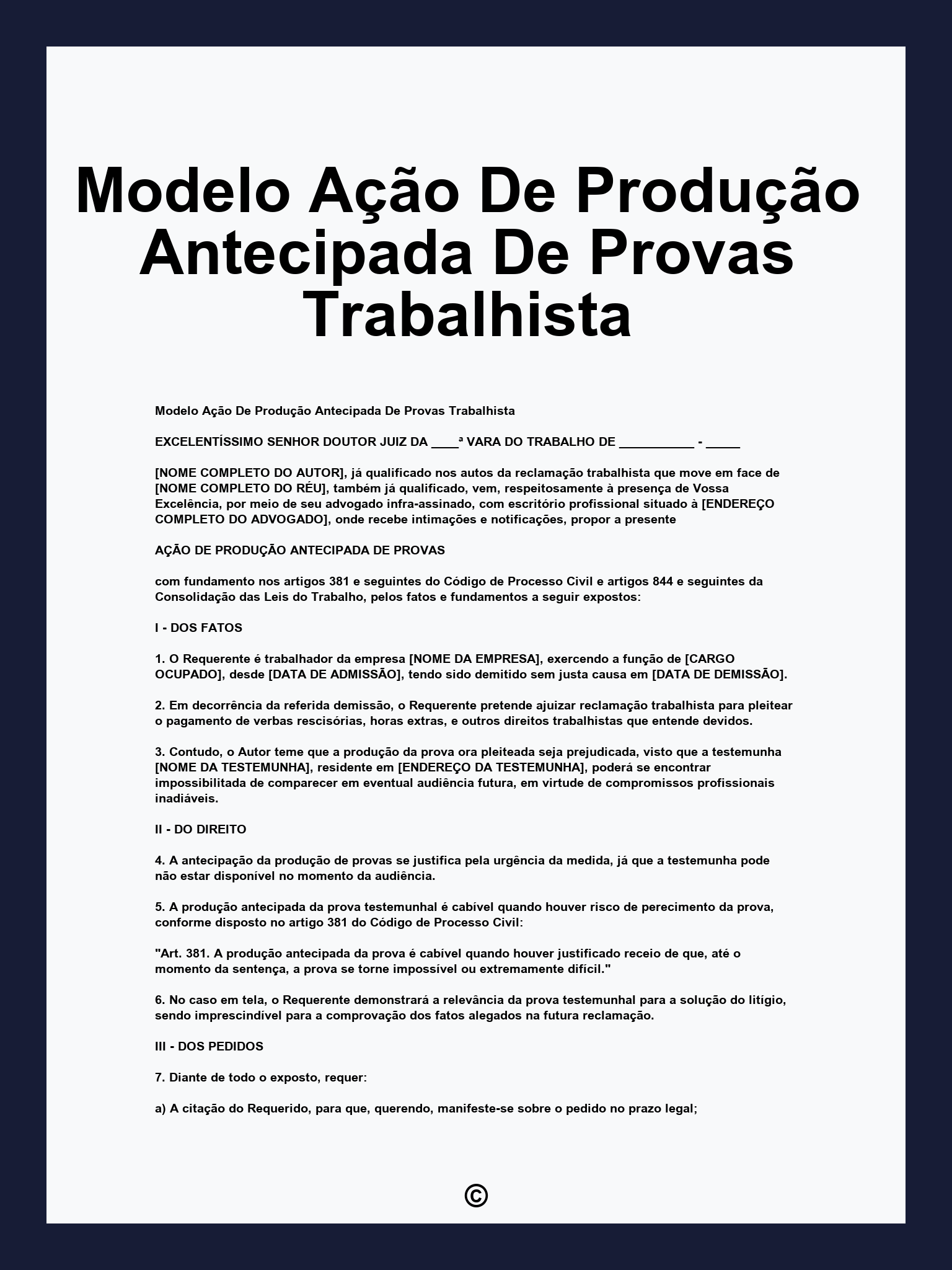 Modelo Ação De Produção Antecipada De Provas Trabalhista