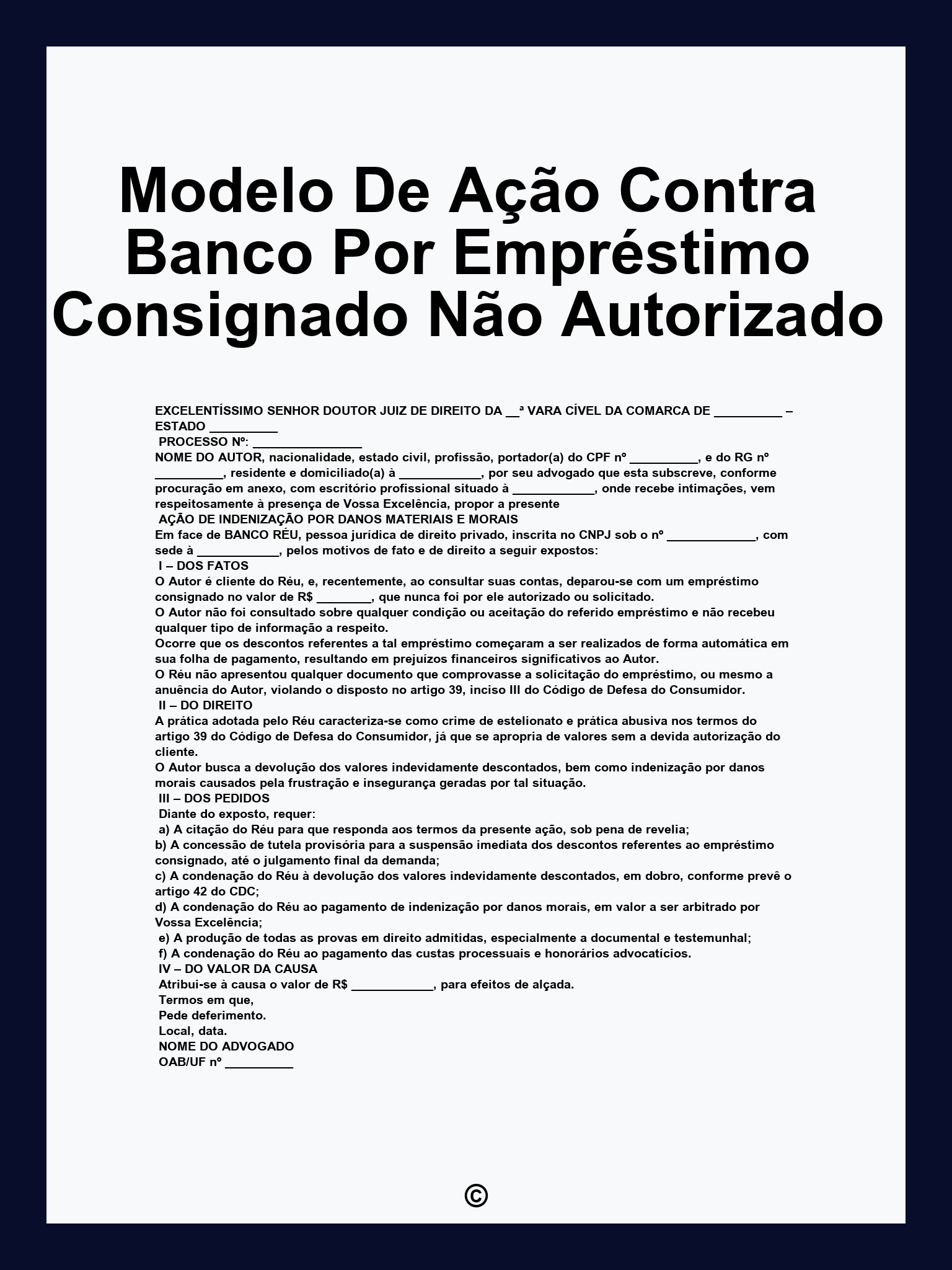 Modelo De Ação Contra Banco Por Empréstimo Consignado Não Autorizado