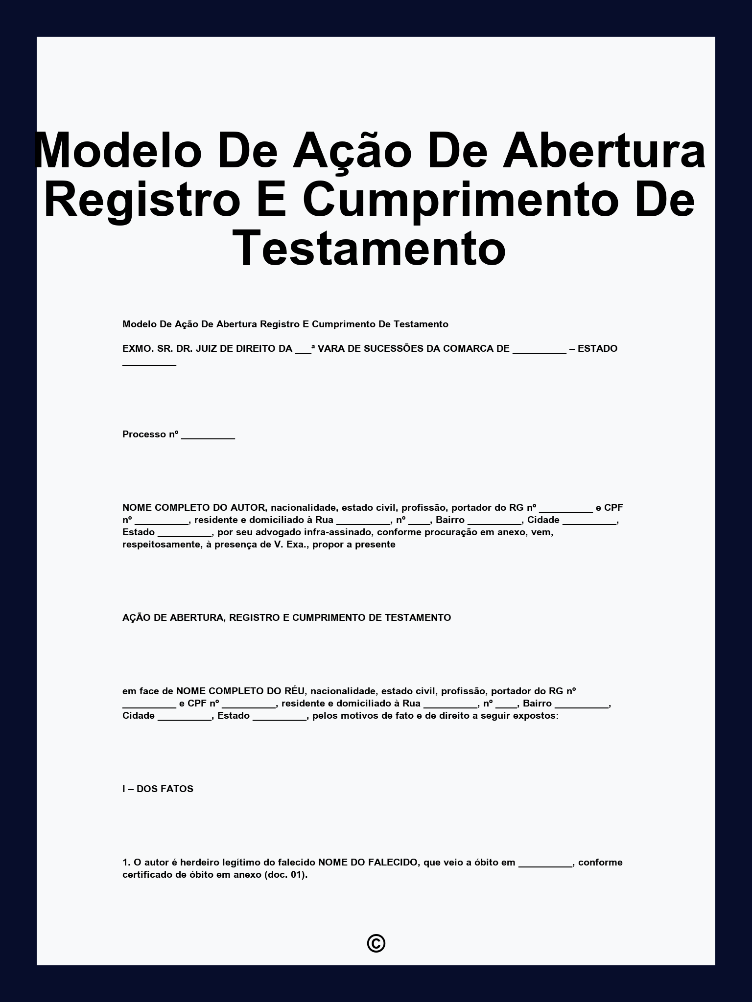 Modelo De Ação De Abertura Registro E Cumprimento De Testamento