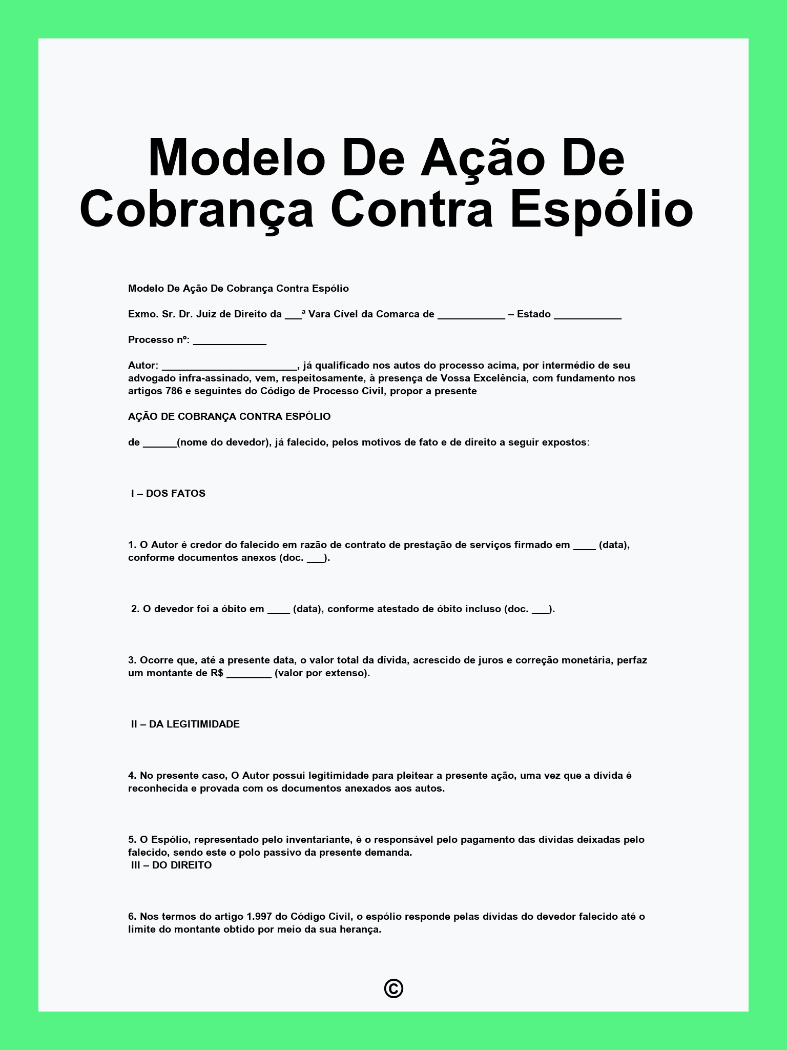 Modelo De Ação De Cobrança Contra Espólio