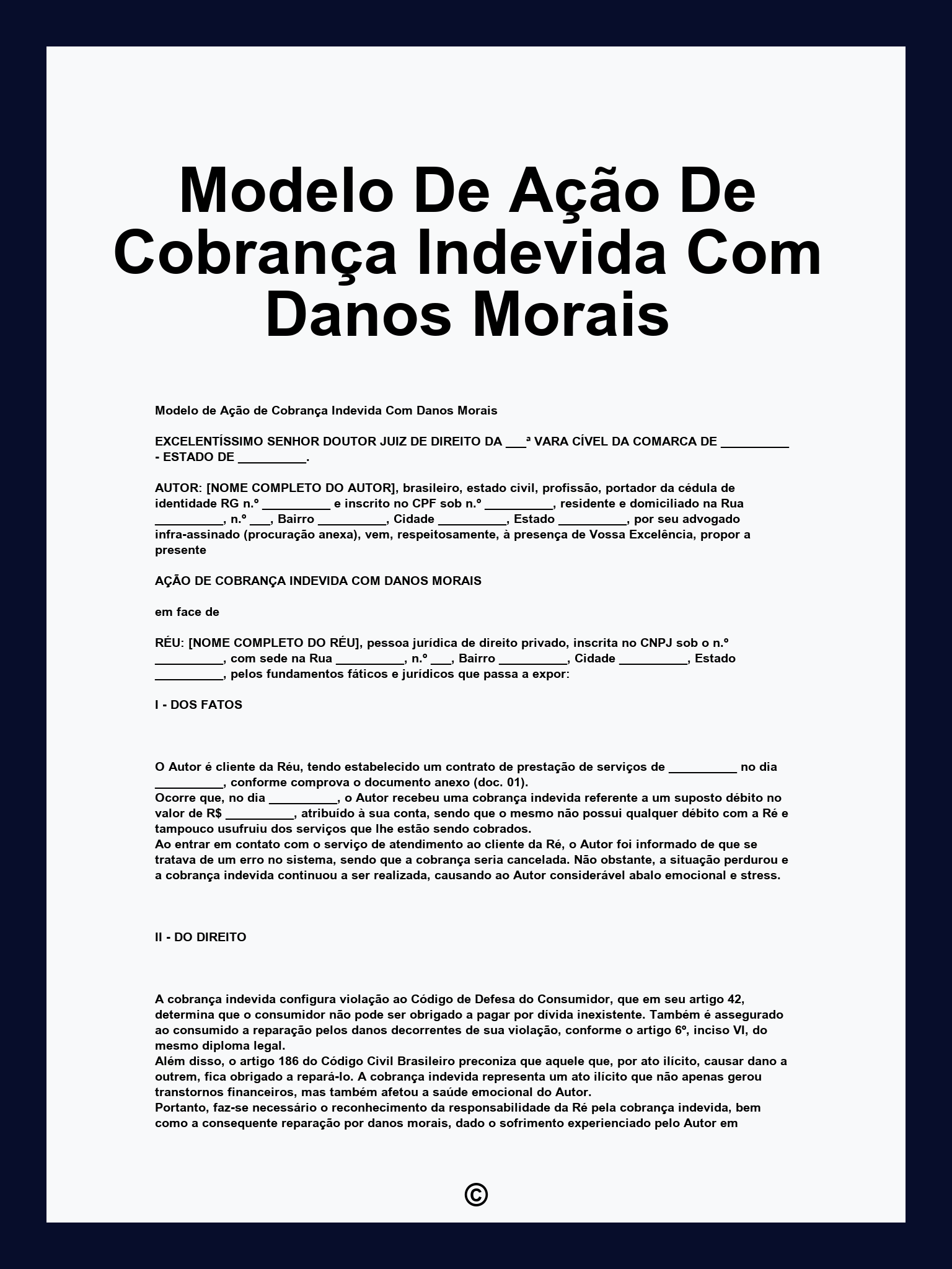 Modelo De Ação De Cobrança Indevida Com Danos Morais
