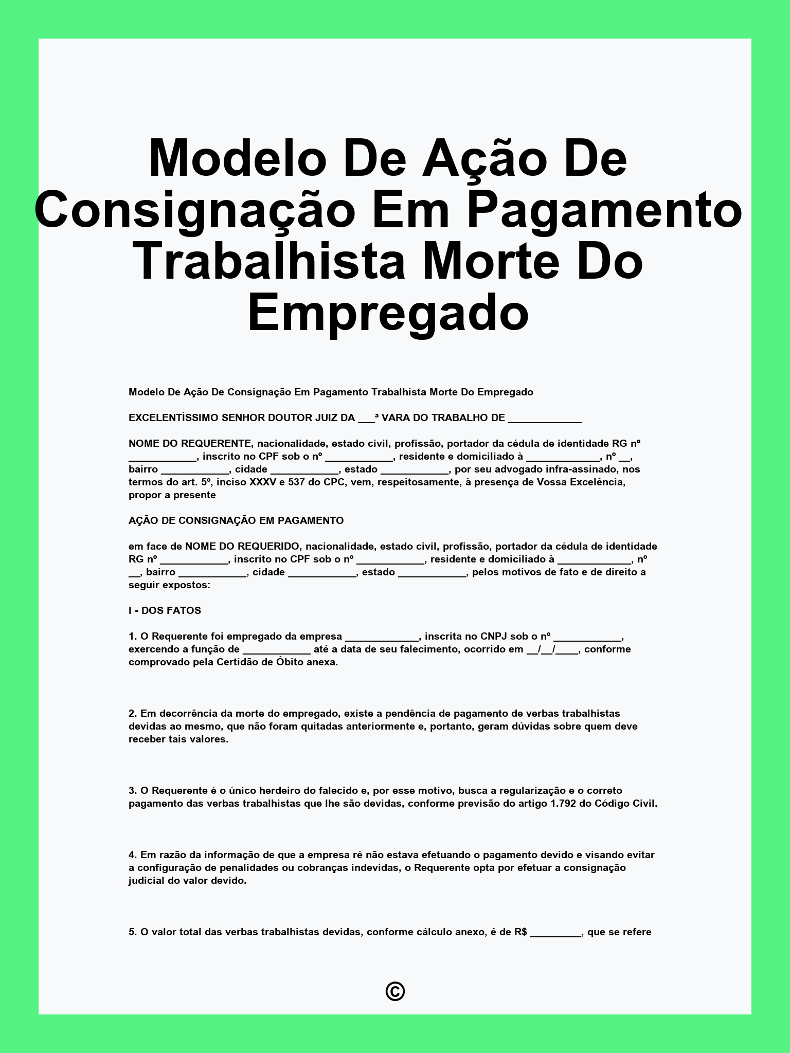 Modelo De Ação De Consignação Em Pagamento Trabalhista Morte Do Empregado