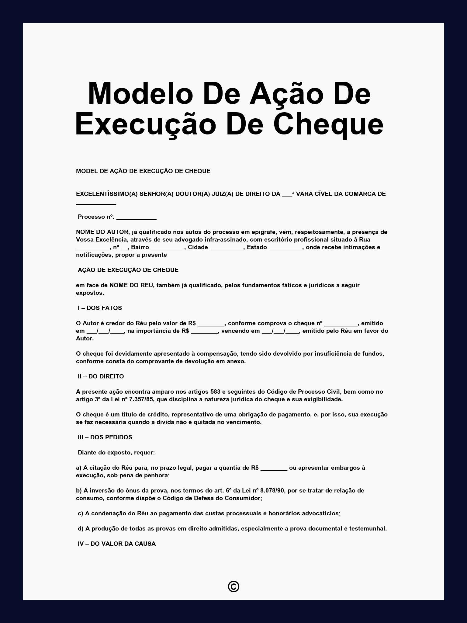 Modelo De Ação De Execução De Cheque