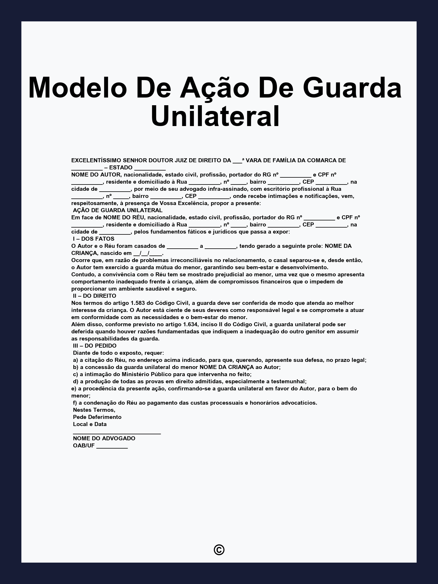 Modelo De Ação De Guarda Unilateral