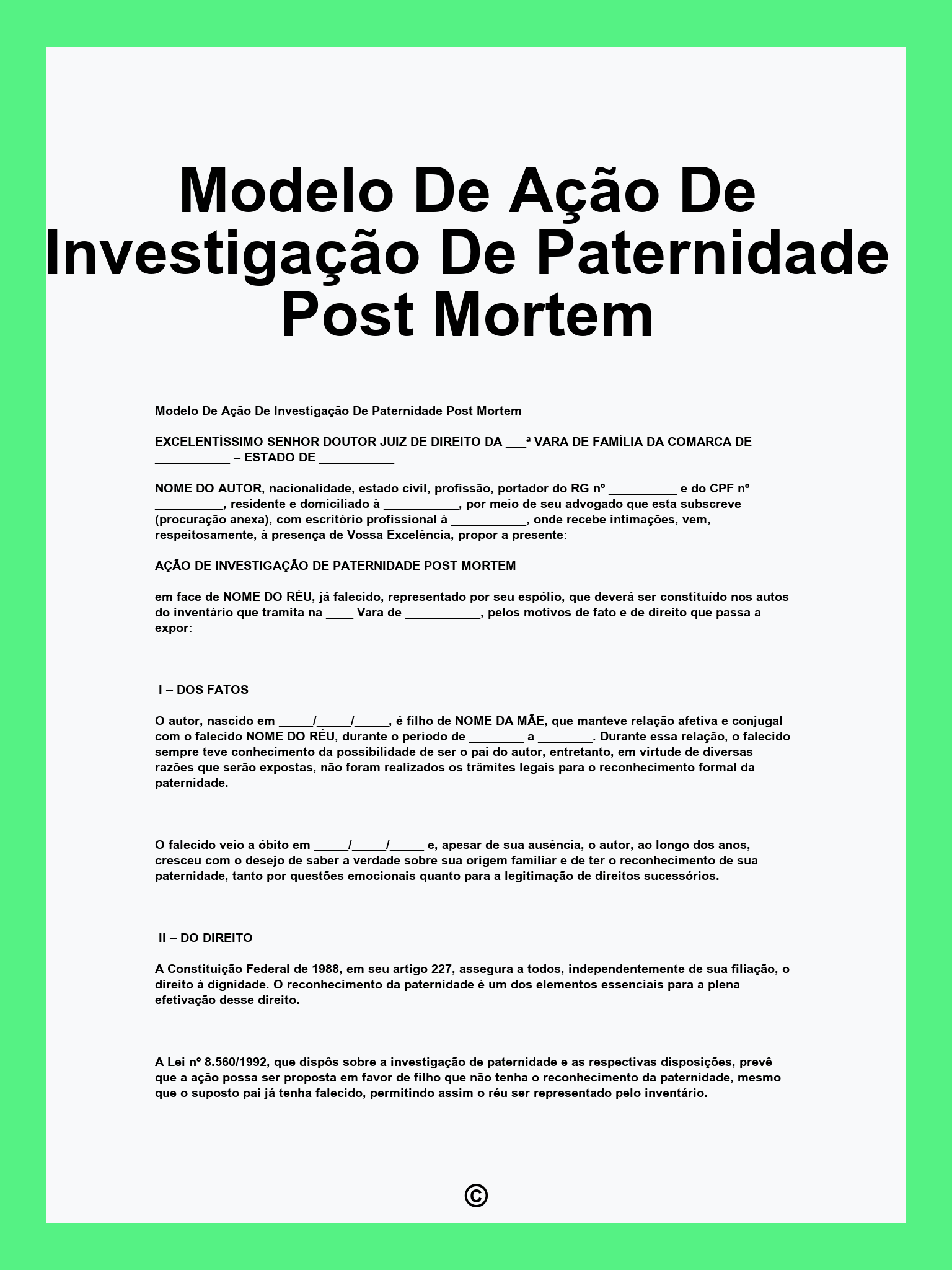 Modelo De Ação De Investigação De Paternidade Post Mortem