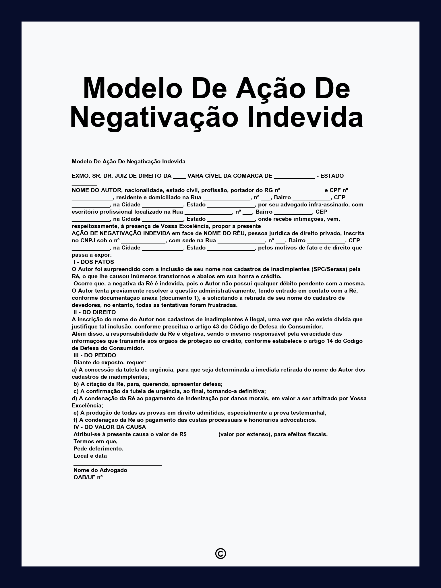 Modelo De Ação De Negativação Indevida