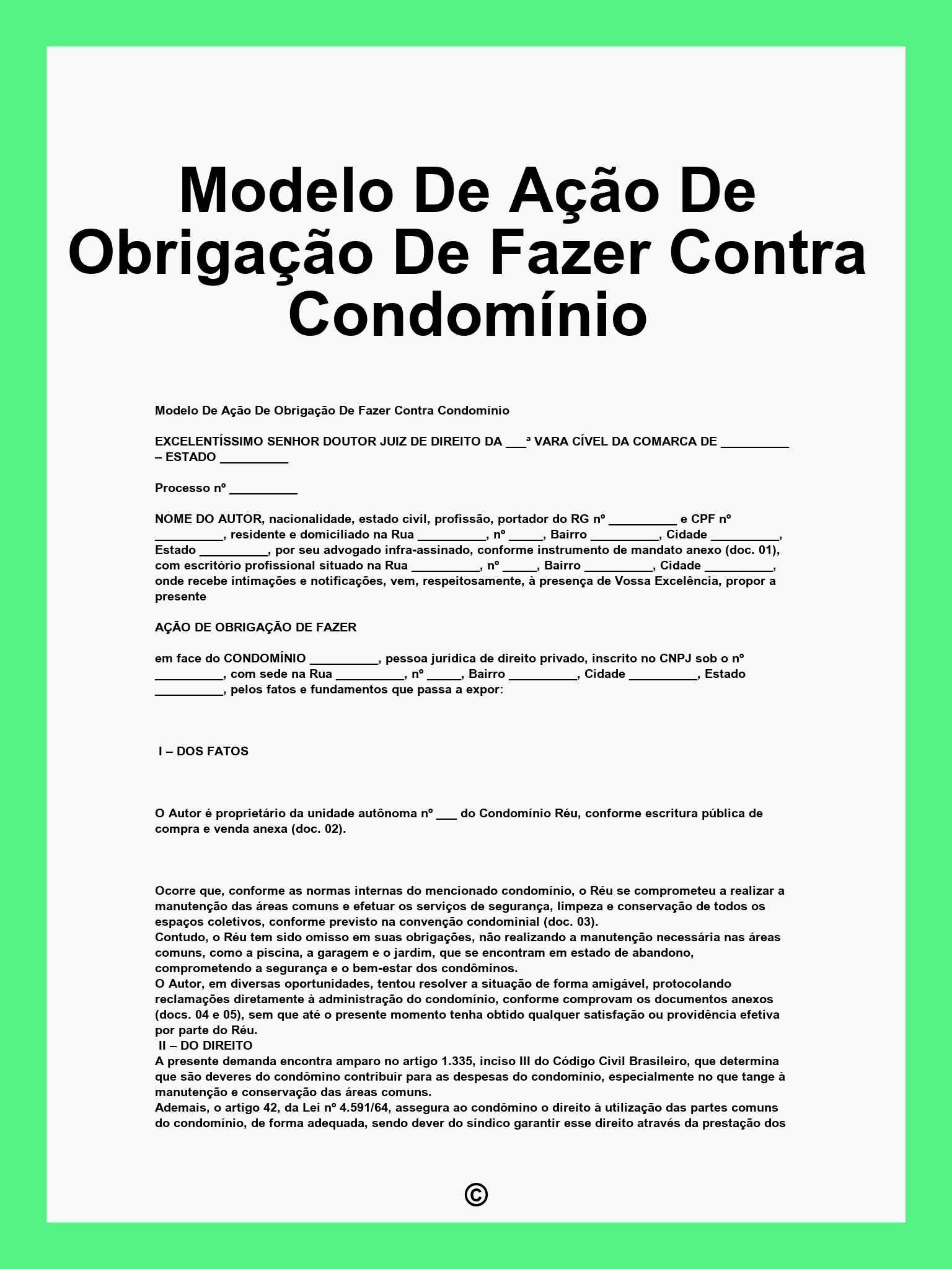 Modelo De Ação De Obrigação De Fazer Contra Condomínio