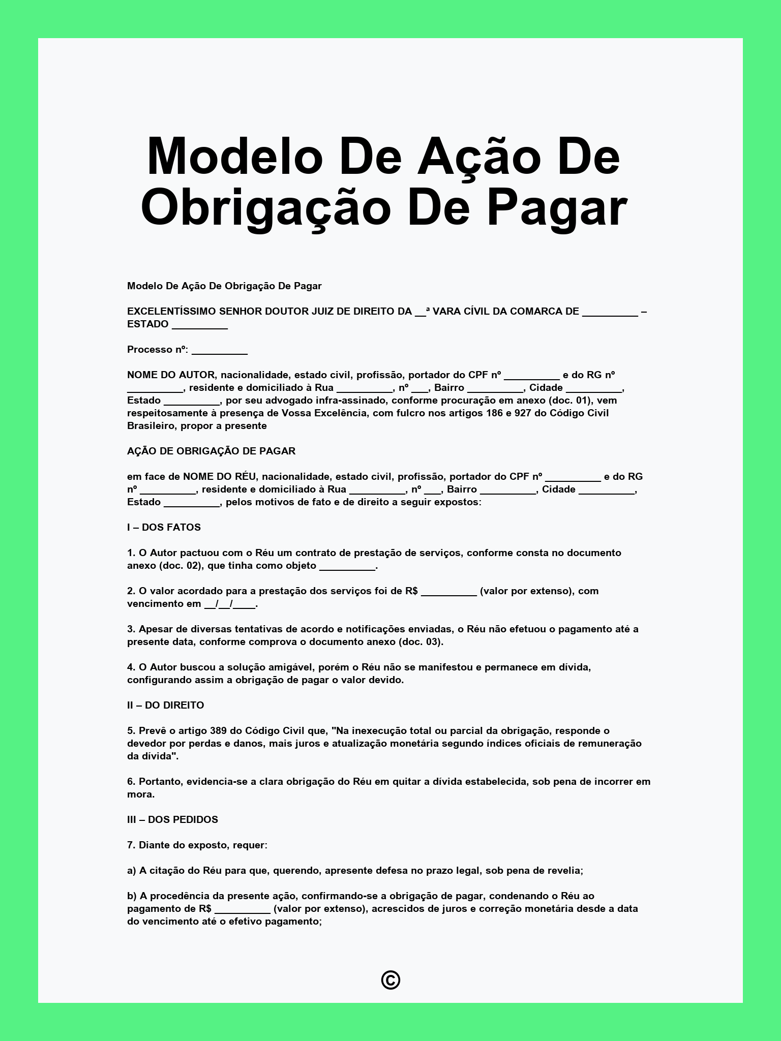 Modelo De Ação De Obrigação De Pagar