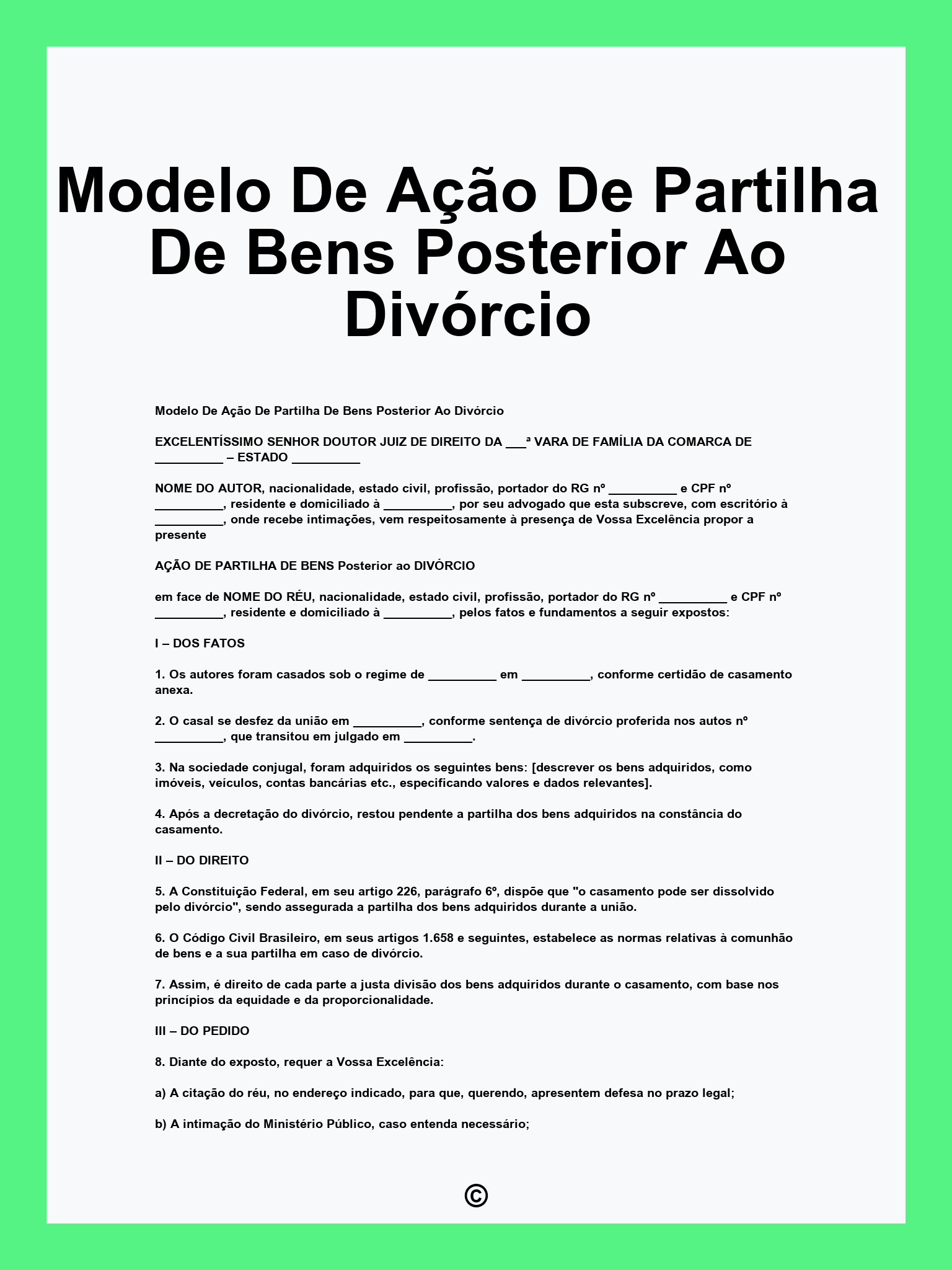 Modelo De Ação De Partilha De Bens Posterior Ao Divórcio
