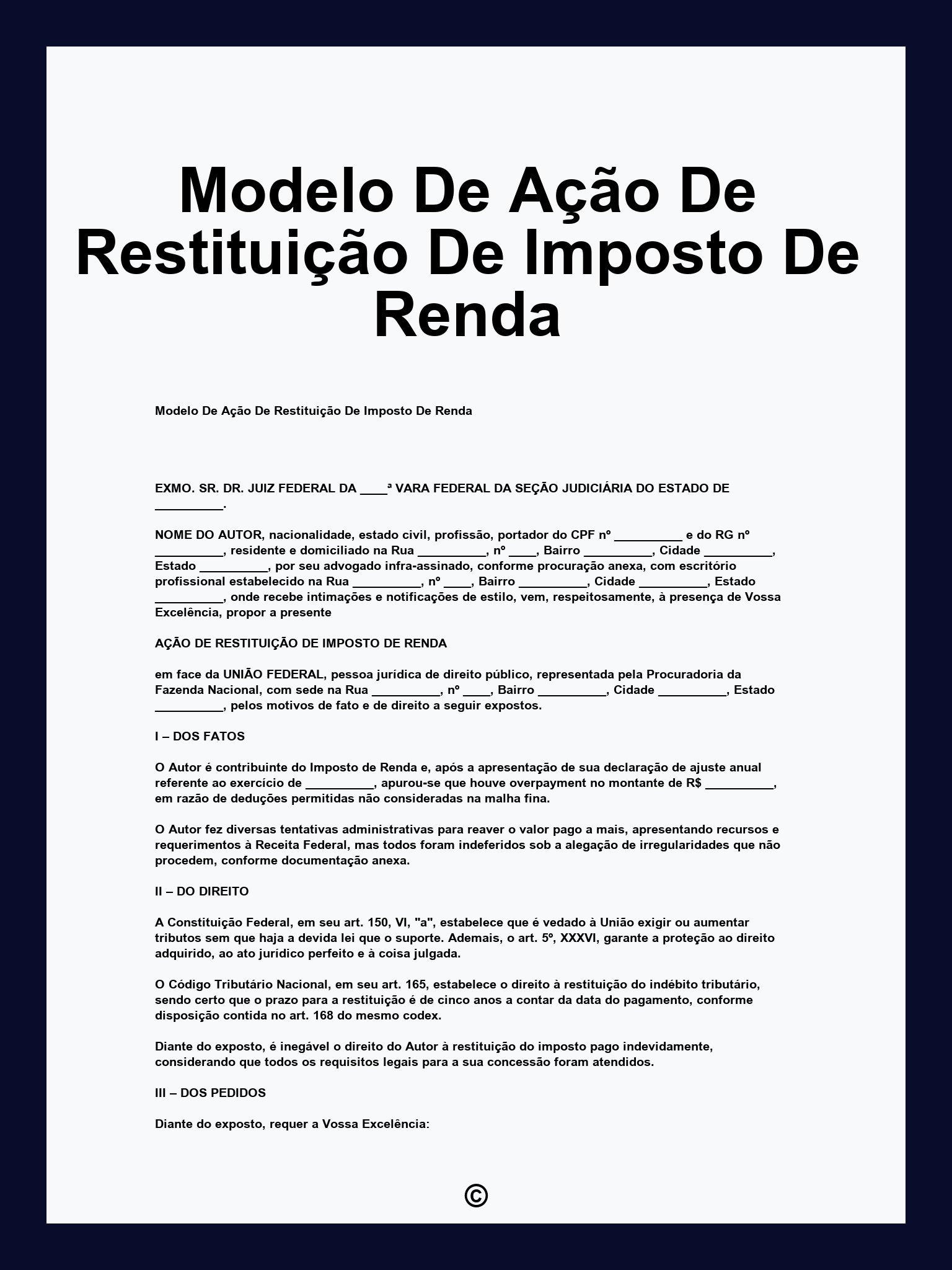 Modelo De Ação De Restituição De Imposto De Renda