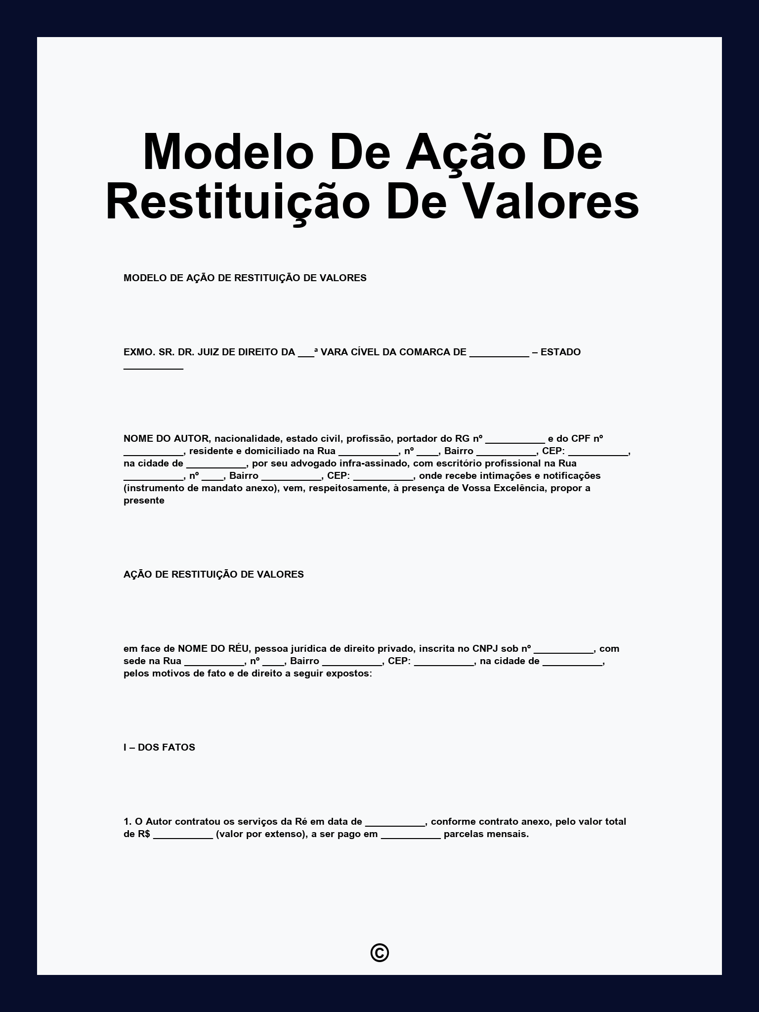 Modelo De Ação De Restituição De Valores