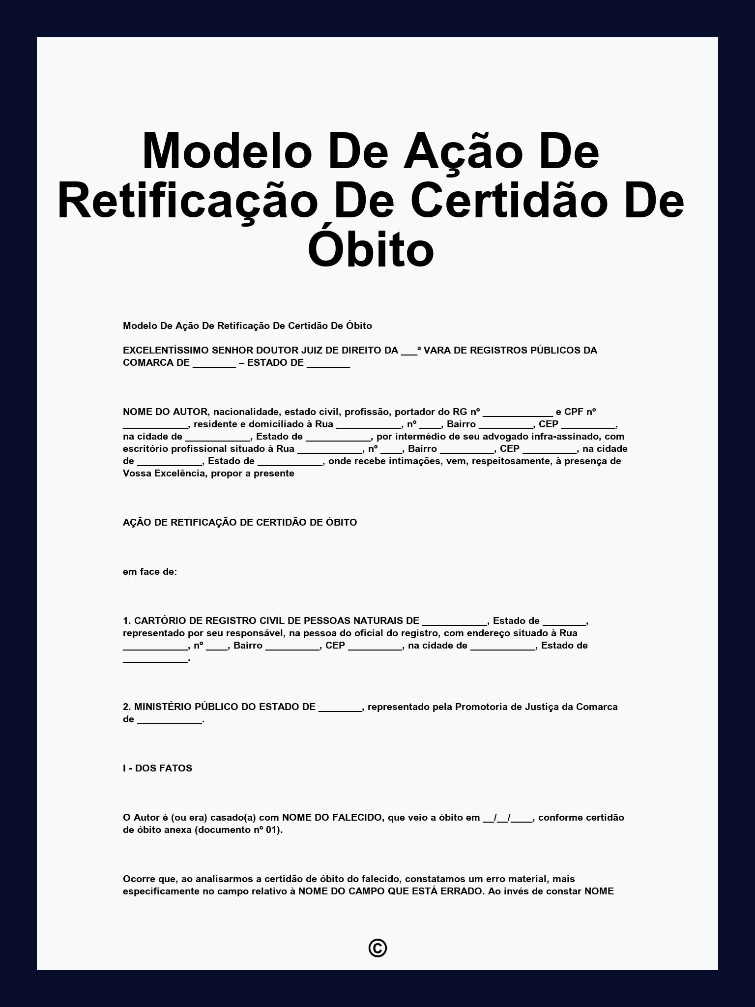 Modelo De Ação De Retificação De Certidão De Óbito