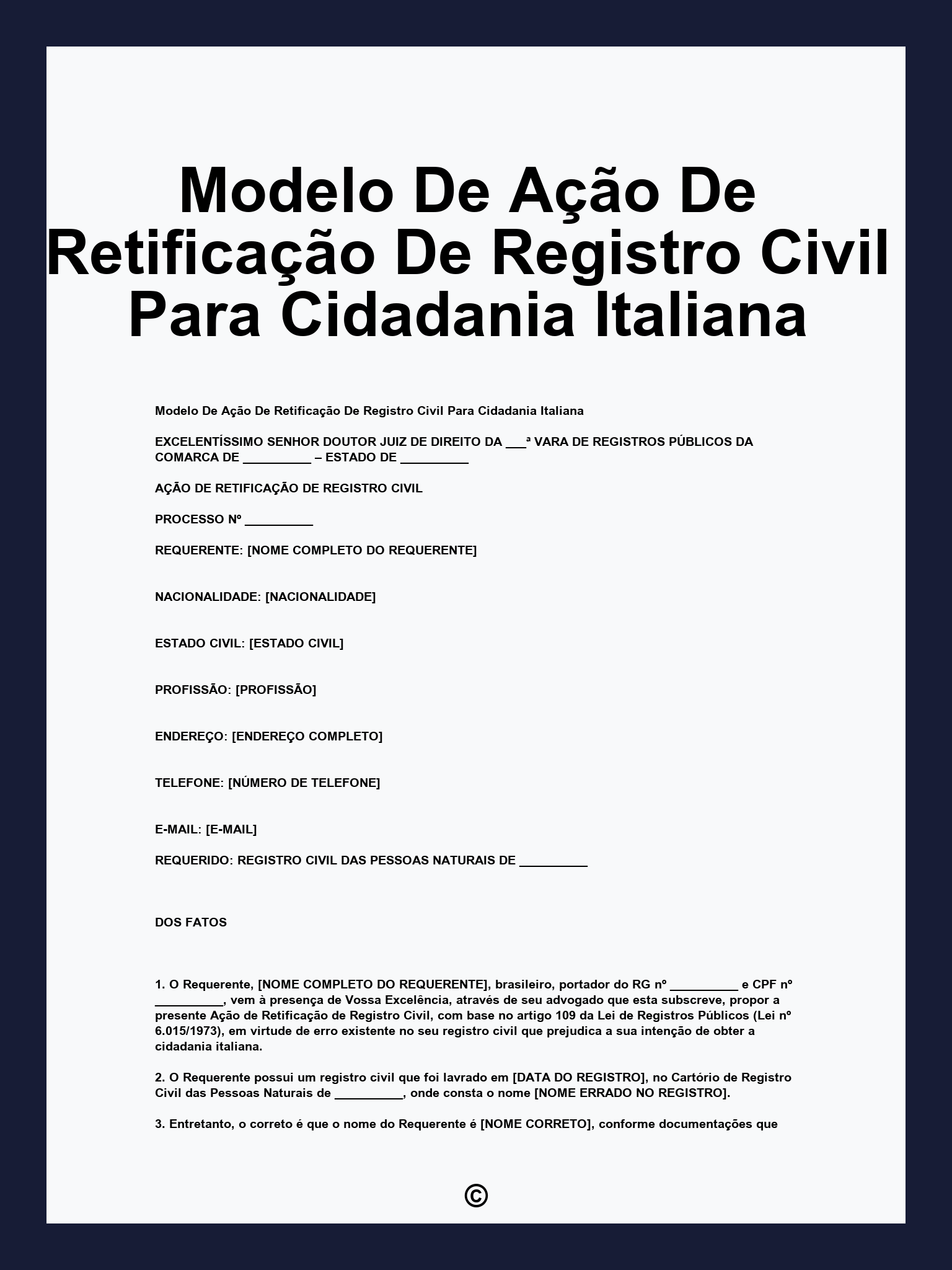 Modelo De Ação De Retificação De Registro Civil Para Cidadania Italiana