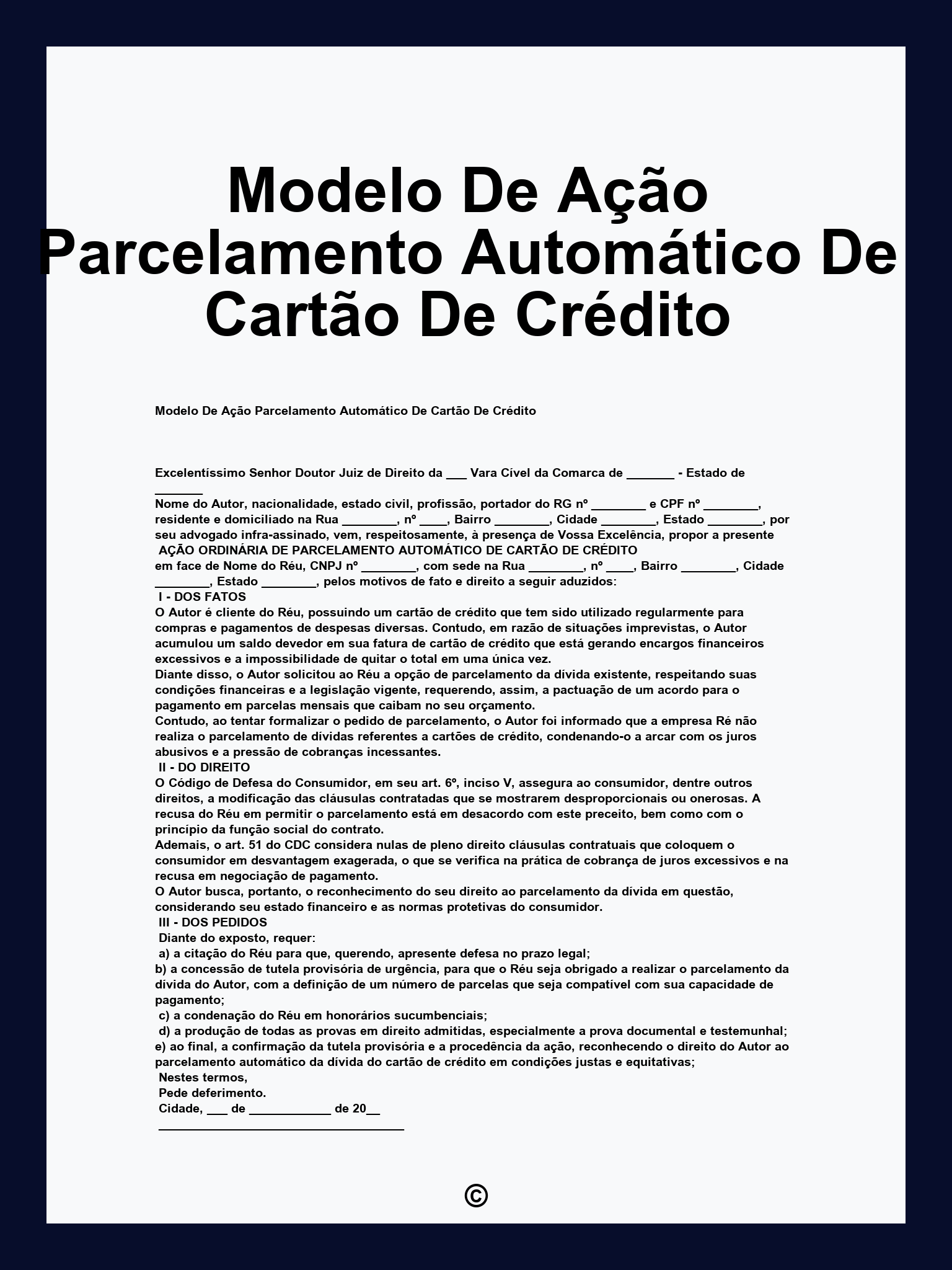 Modelo De Ação Parcelamento Automático De Cartão De Crédito