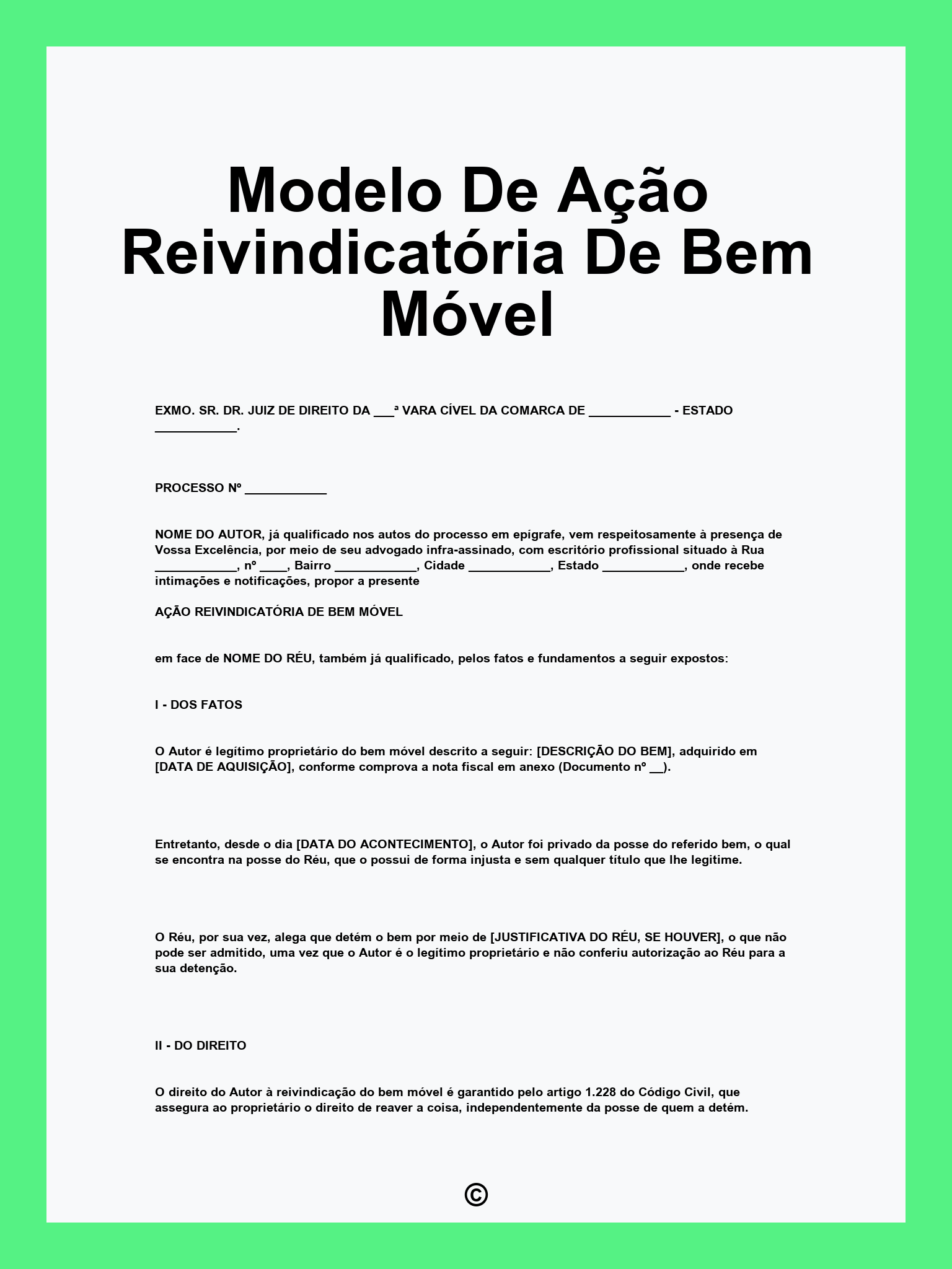 Modelo De Ação Reivindicatória De Bem Móvel