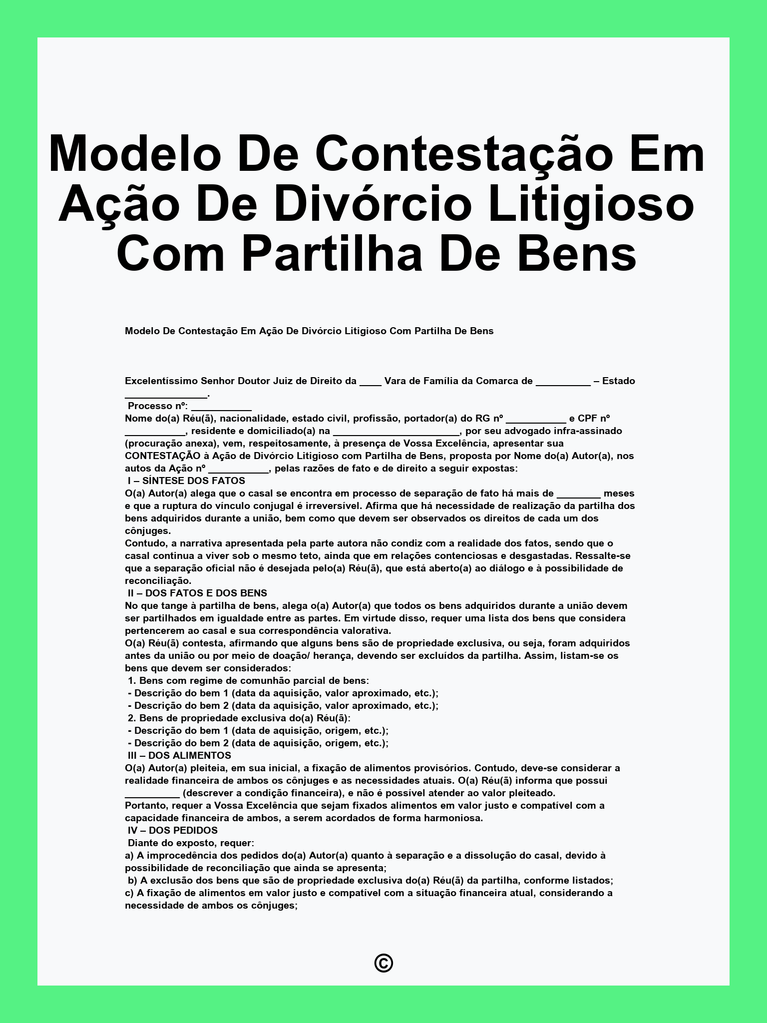 Modelo De Contestação Em Ação De Divórcio Litigioso Com Partilha De Bens