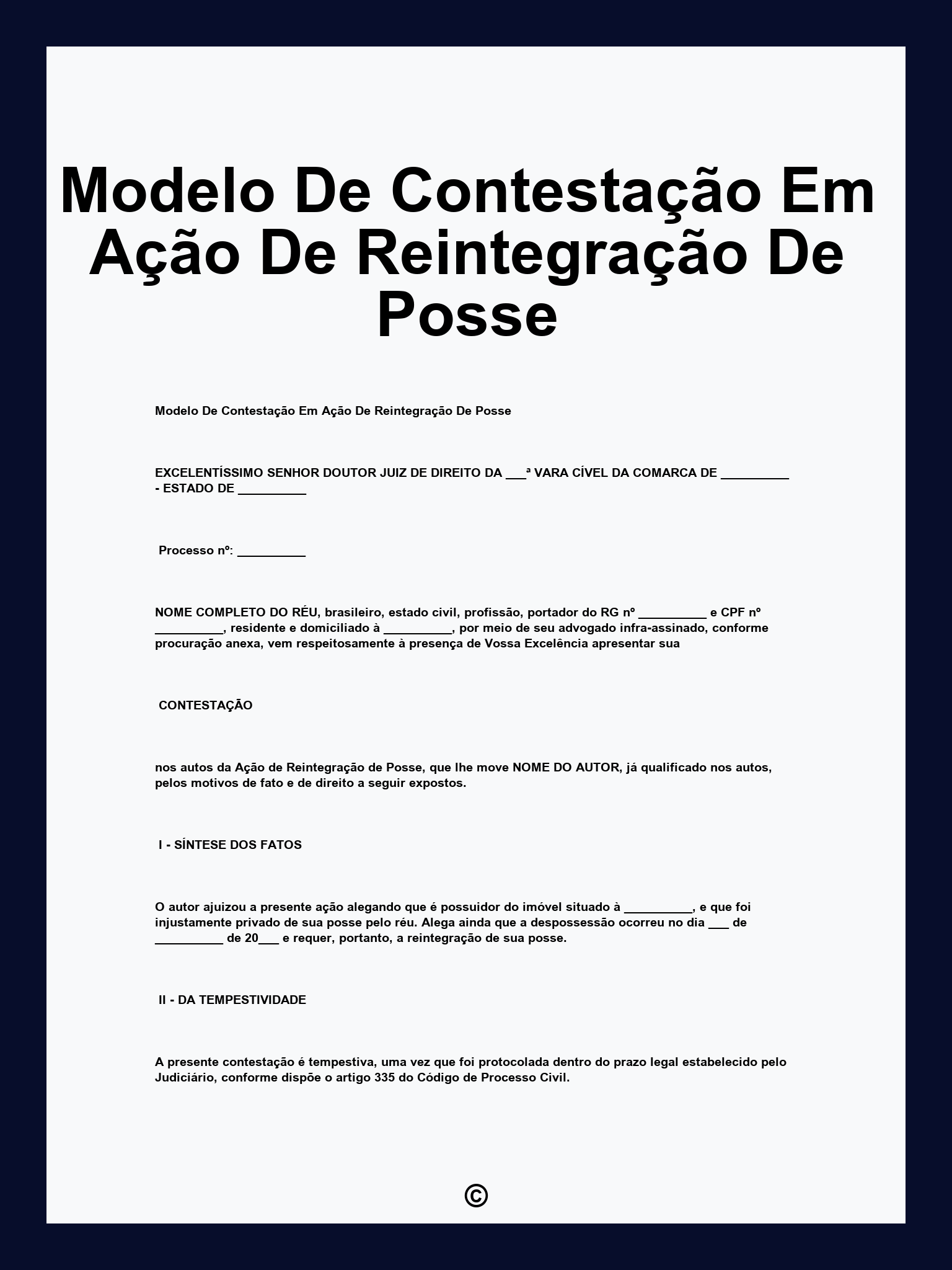 Modelo De Contestação Em Ação De Reintegração De Posse