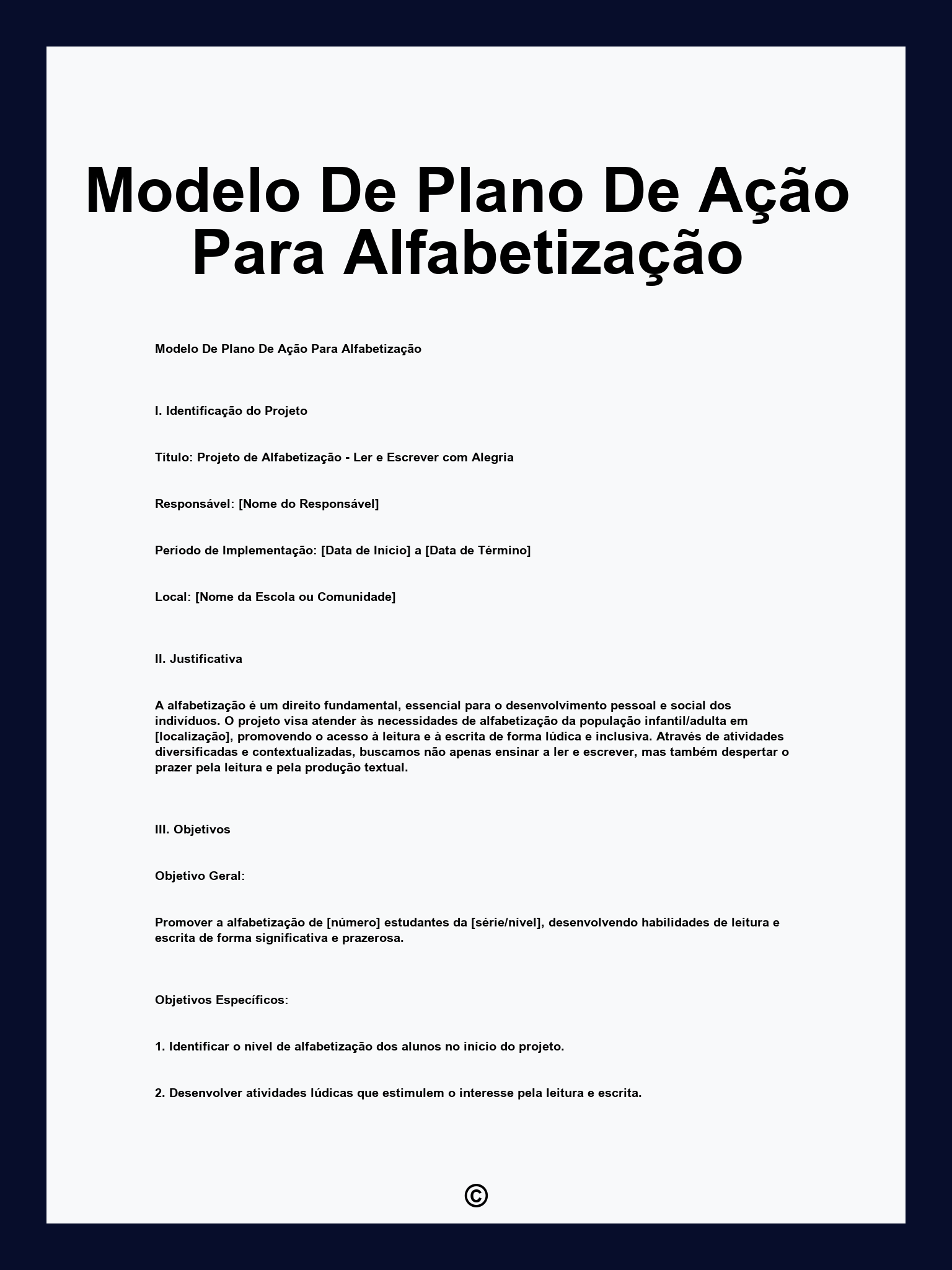 Modelo De Plano De Ação Para Alfabetização
